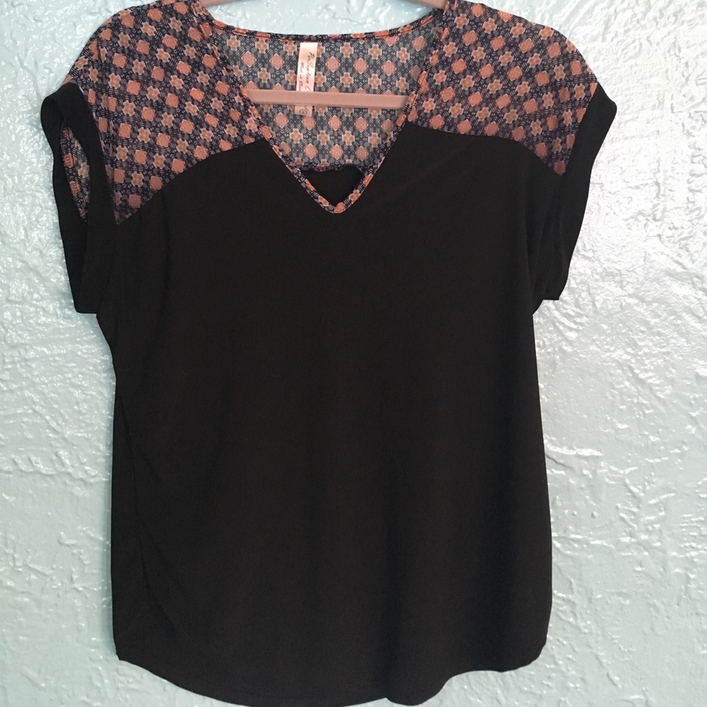 Black with Patterned Shoulder Sheer Blouse S Small